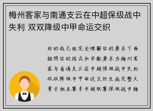 梅州客家与南通支云在中超保级战中失利 双双降级中甲命运交织